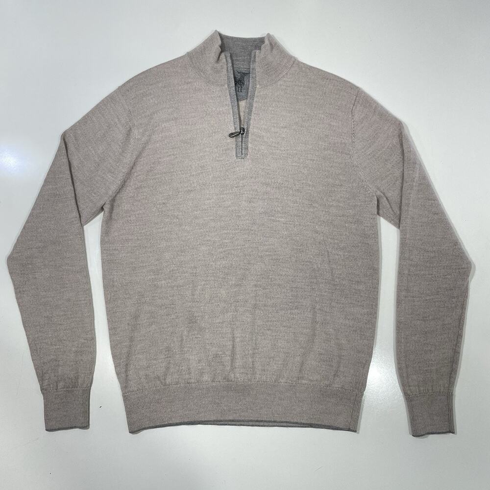 Raffi Extra Fine 100% Merino Wool Sweater Mens Med Beige 1/4 Zip Long Sleeve
